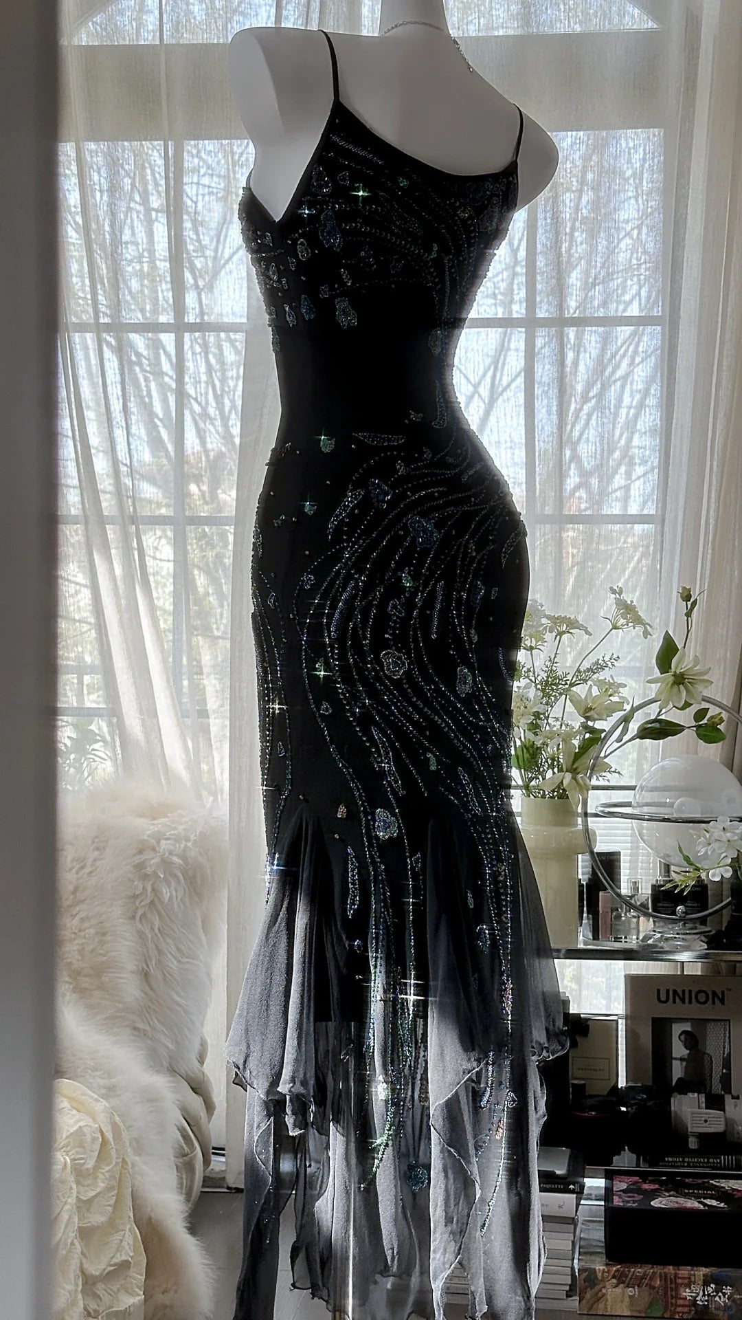 Retro Beautiful Shoulder Strap Beaded Chiffon Irregular Skirt Formal Prom Dresses