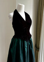 Retro Black And Green A-Line Halter Neck Velvet And Satin Formal Prom Dresses