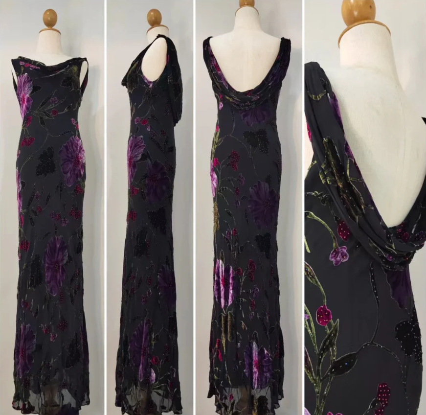 Retro Black Mermaid Neckline Embroidered Floral Backless Chiffon Long Formal Prom Dresses