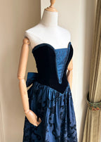 Retro Blue And Black A-Line Strapless Bow Jacquard Velvet Long Formal Prom Dresses