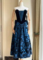 Retro Blue And Black A-Line Strapless Bow Jacquard Velvet Long Formal Prom Dresses