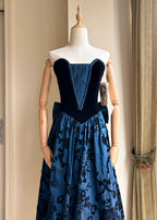 Retro Blue And Black A-Line Strapless Bow Jacquard Velvet Long Formal Prom Dresses