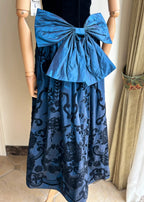 Retro Blue And Black A-Line Strapless Bow Jacquard Velvet Long Formal Prom Dresses