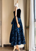 Retro Blue And Black A-Line Strapless Bow Jacquard Velvet Long Formal Prom Dresses