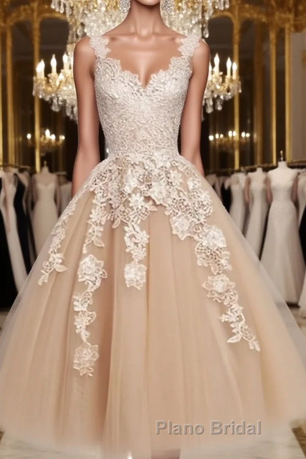 Retro Champagne V-neck Applique Short Formal Prom Dress, Lace Evening Dresses, Party Dresses