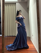 Retro Elegant Blue-Purple Off-Shoulder Hand-Pleated Satin Formal Prom Dresses