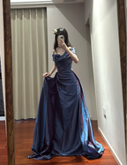 Retro Elegant Blue-Purple Off-Shoulder Hand-Pleated Satin Formal Prom Dresses