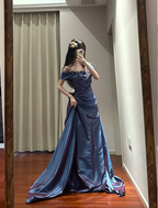 Retro Elegant Blue-Purple Off-Shoulder Hand-Pleated Satin Formal Prom Dresses
