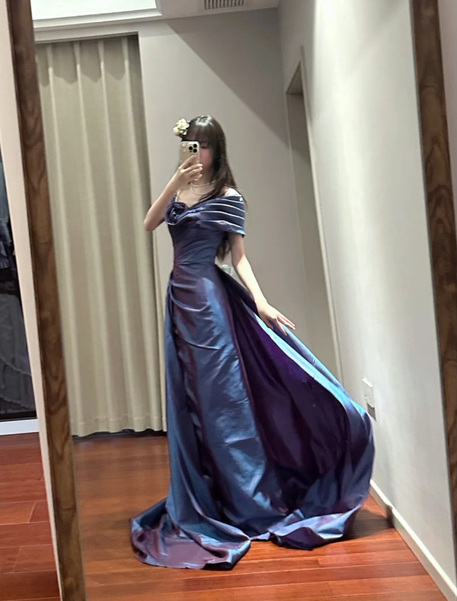Retro Elegant Blue-Purple Off-Shoulder Hand-Pleated Satin Formal Prom Dresses
