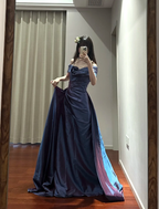 Retro Elegant Blue-Purple Off-Shoulder Hand-Pleated Satin Formal Prom Dresses