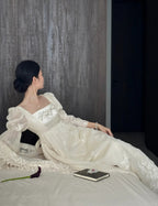 Retro Elegant Ivory A-Line Square Neck Long Sleeve Embroidered Lace Long Formal Prom Dresses