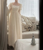 Retro Elegant Ivory A-Line Square Neck Long Sleeve Embroidered Lace Long Formal Prom Dresses