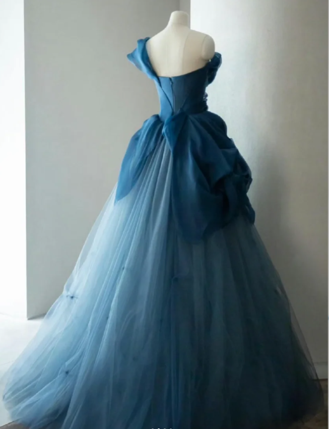 Retro Elegant Navy Blue One-Shoulder Tulle Long Ball Gown Prom Dresses