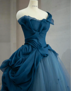 Retro Elegant Navy Blue One-Shoulder Tulle Long Ball Gown Prom Dresses