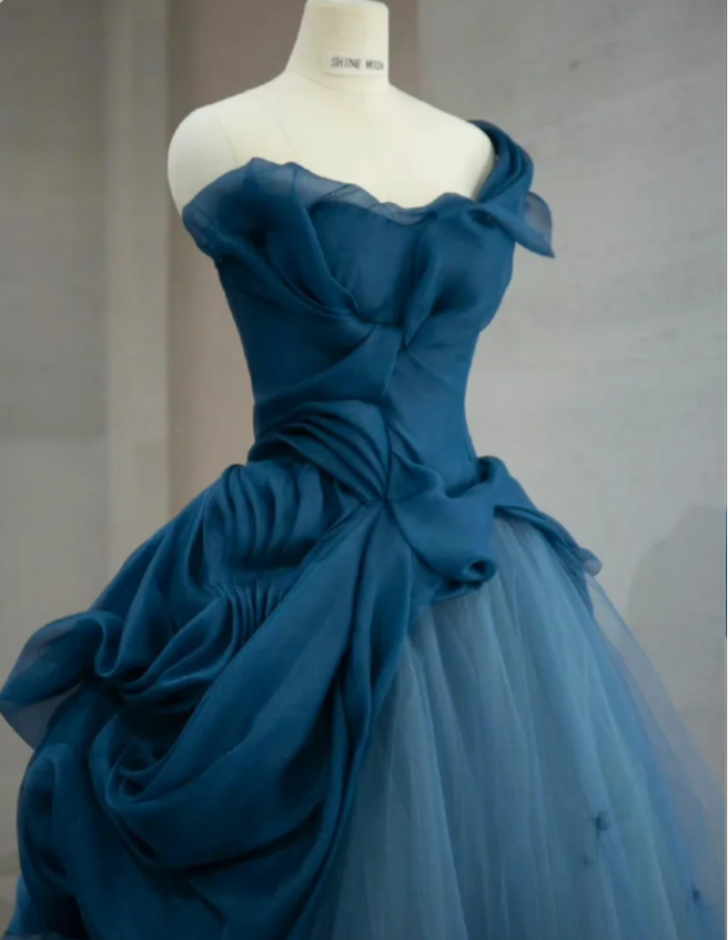 Retro Elegant Navy Blue One-Shoulder Tulle Long Ball Gown Prom Dresses
