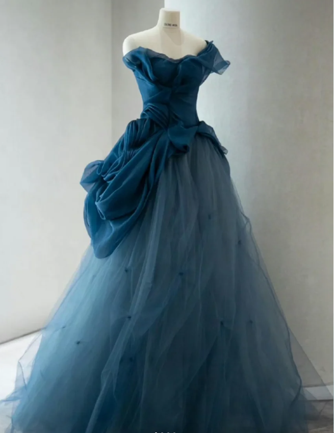 Retro Elegant Navy Blue One-Shoulder Tulle Long Ball Gown Prom Dresses Main image