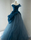 Retro Elegant Navy Blue One-Shoulder Tulle Long Ball Gown Prom Dresses