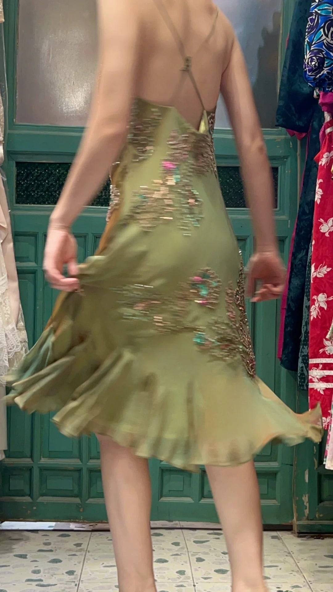 Retro Elegant Olive Green Deep V Backless Cross-Beaded Chiffon Long Formal Prom Dresses