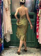 Retro Elegant Olive Green Deep V Backless Cross-Beaded Chiffon Long Formal Prom Dresses