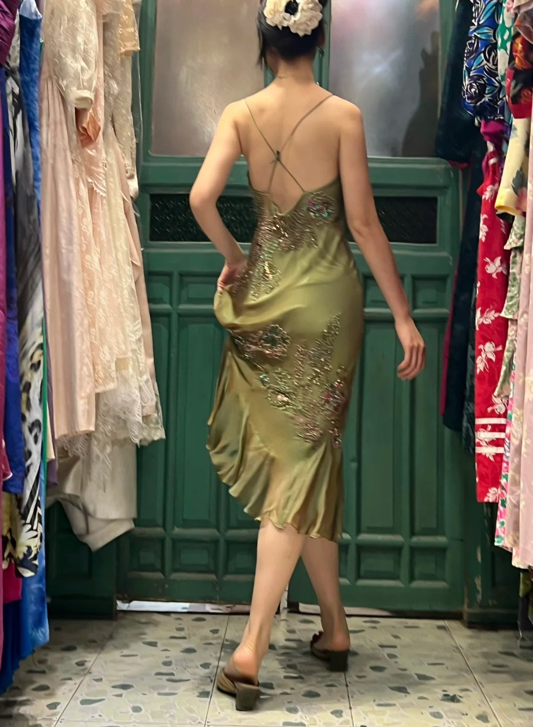 Retro Elegant Olive Green Deep V Backless Cross-Beaded Chiffon Long Formal Prom Dresses