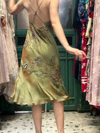 Retro Elegant Olive Green Deep V Backless Cross-Beaded Chiffon Long Formal Prom Dresses