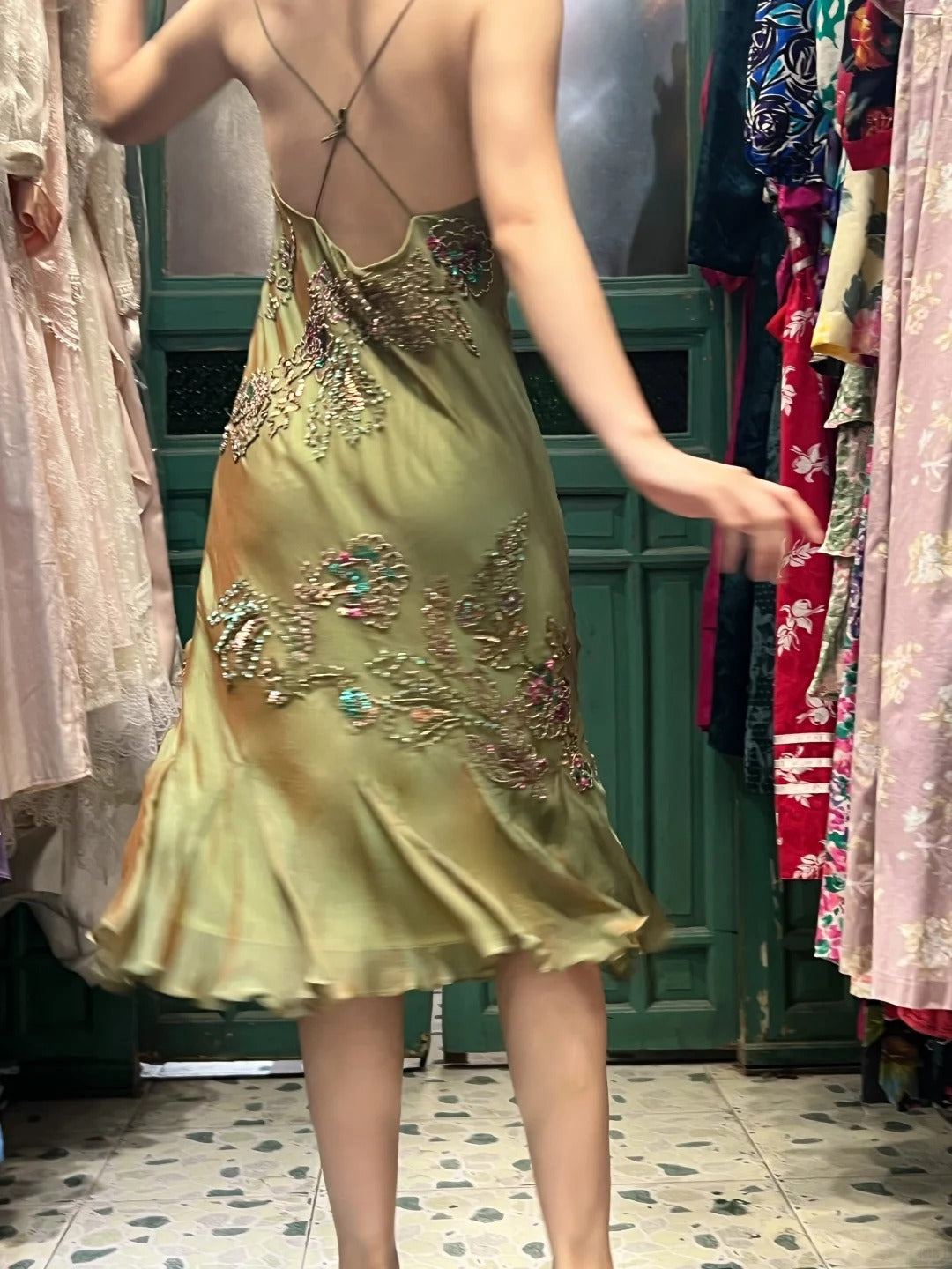 Retro Elegant Olive Green Deep V Backless Cross-Beaded Chiffon Long Formal Prom Dresses