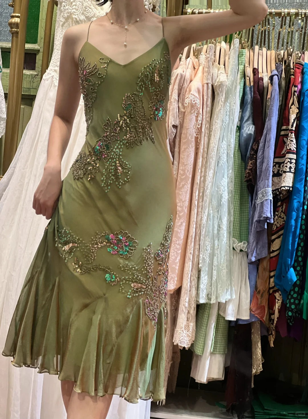 Retro Elegant Olive Green Deep V Backless Cross-Beaded Chiffon Long Formal Prom Dresses
