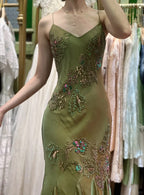 Retro Elegant Olive Green Deep V Backless Cross-Beaded Chiffon Long Formal Prom Dresses