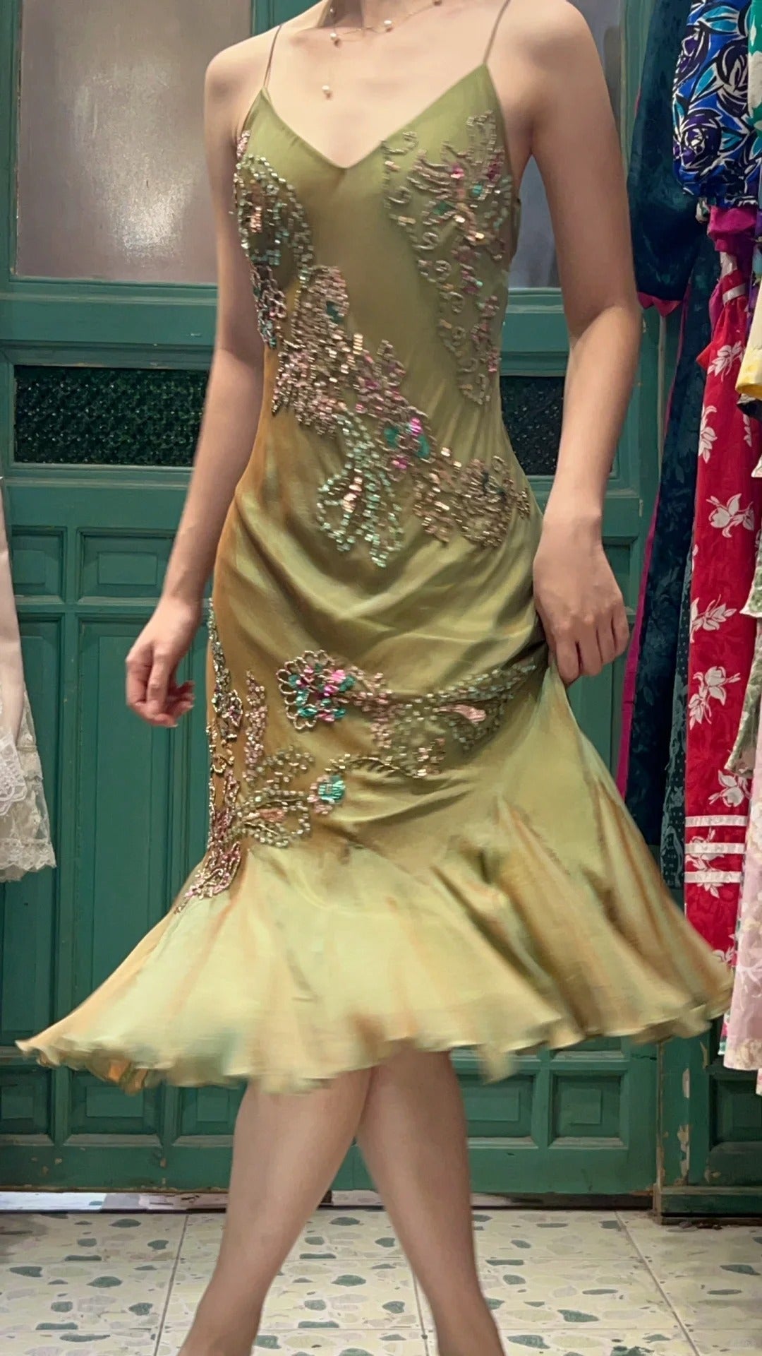 Retro Elegant Olive Green Deep V Backless Cross-Beaded Chiffon Long Formal Prom Dresses Main image