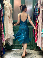 Retro Elegant Peacock Blue Irregular Deep V Halter Embroidered Chiffon Formal Prom Dresses