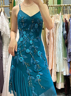 Retro Elegant Peacock Blue Irregular Deep V Halter Embroidered Chiffon Formal Prom Dresses
