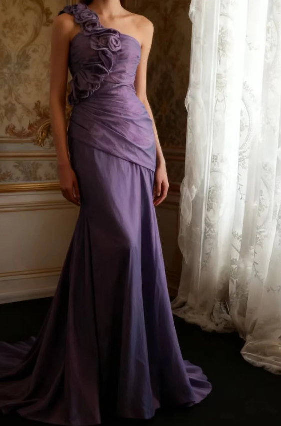 Retro Elegant Purple 3D Floral One-Shoulder Mermaid Satin Long Formal Prom Dresses