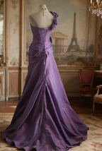 Retro Elegant Purple 3D Floral One-Shoulder Mermaid Satin Long Formal Prom Dresses