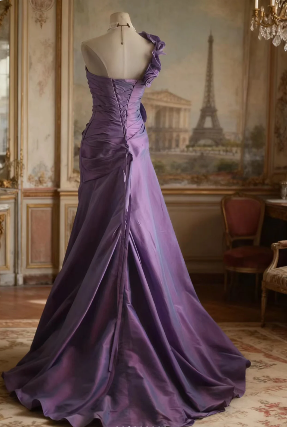 Retro Elegant Purple 3D Floral One-Shoulder Mermaid Satin Long Formal Prom Dresses
