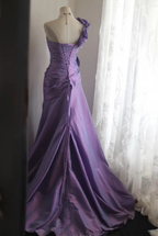 Retro Elegant Purple 3D Floral One-Shoulder Mermaid Satin Long Formal Prom Dresses