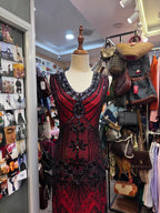 Retro Luxury Red And Black Color-Blocked V-Neck Sequined Tassel Formal Prom Dresses
