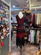 Retro Luxury Red And Black Color-Blocked V-Neck Sequined Tassel Formal Prom Dresses