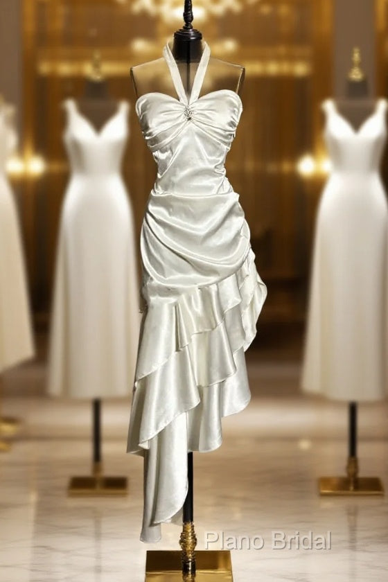 Retro Mermaid Halter Satin High Low Formal Dresses Formal Prom Dresses