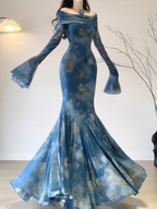 Retro Mermaid Off The Shoulder Floral Blue Long Sleeves Party Dresses Birthday Outfits