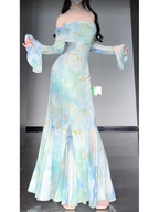 Retro Mermaid Off The Shoulder Floral Long Sleeves Party Dresses Birthday Outfits