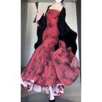 Retro Mermaid Off The Shoulder Floral Red Long Sleeves Party Dresses Birthday Outfits