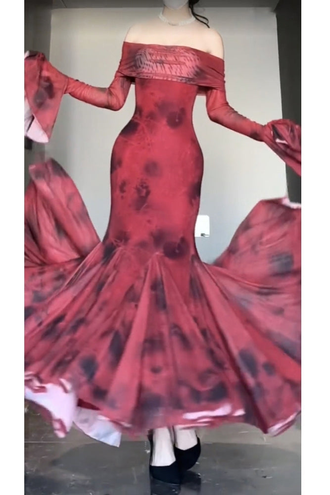 Retro Mermaid Off The Shoulder Floral Red Long Sleeves Party Dresses Birthday Outfits Main image