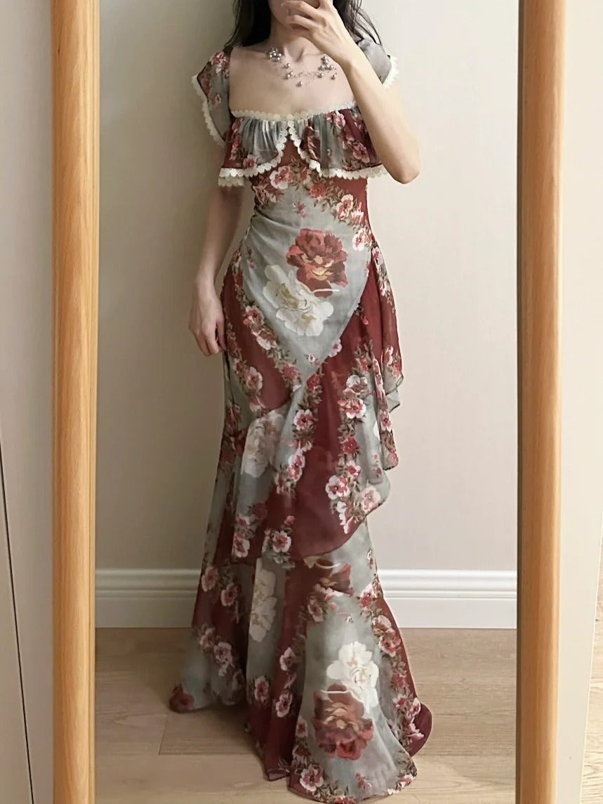 Retro Mermaid Print Ruffled Chiffon Long Formal Prom Dresses Secondary image