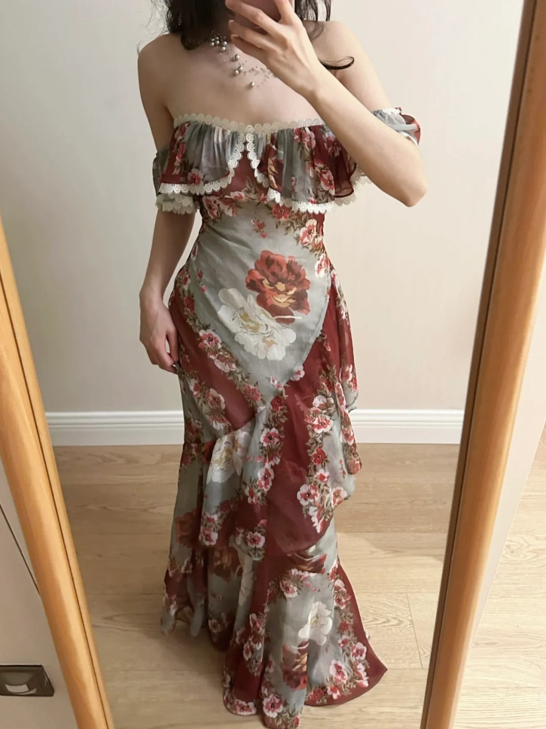 Retro Mermaid Print Ruffled Chiffon Long Formal Prom Dresses
