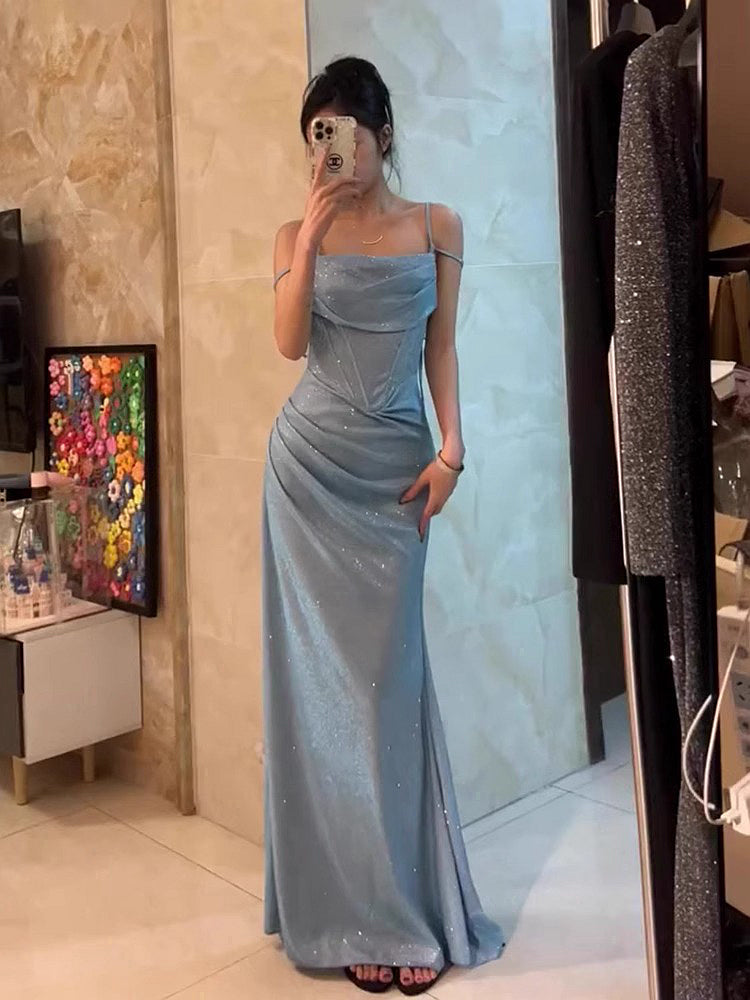 Retro Mermaid Spaghetti Straps Blue Sequin Formal Prom Dresses Birthday Outfits With Ruffle