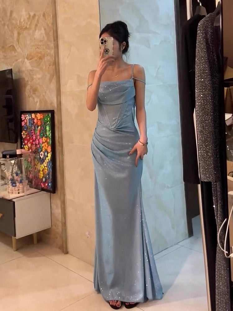 Retro Mermaid Spaghetti Straps Blue Sequin Formal Prom Dresses Birthday Outfits With Ruffle