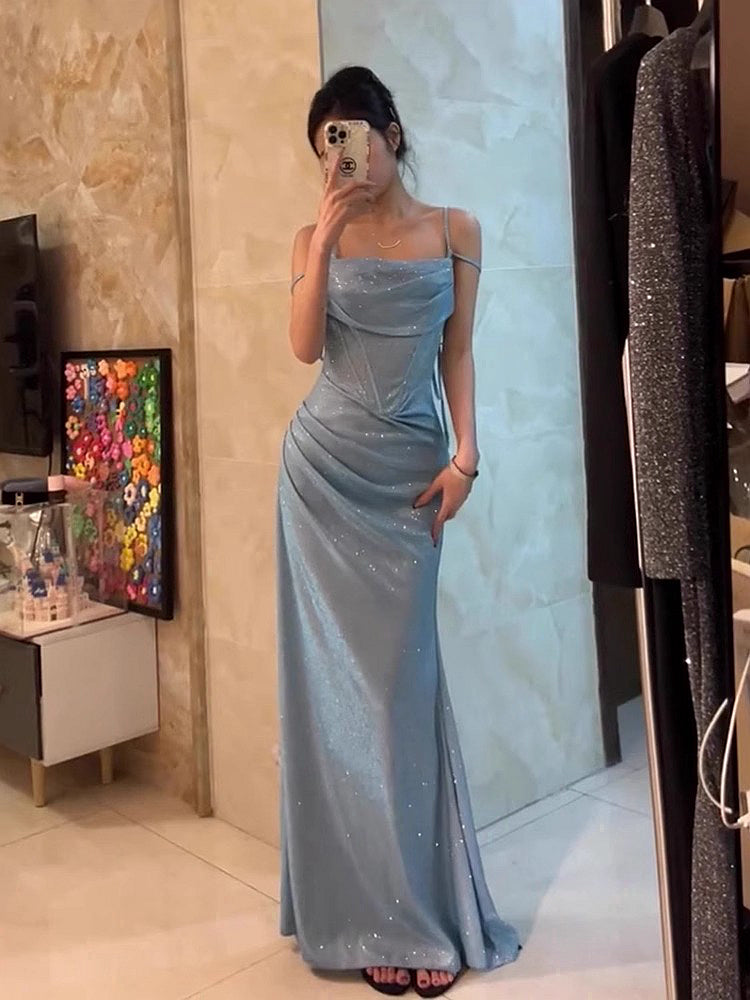Retro Mermaid Spaghetti Straps Blue Sequin Formal Prom Dresses Birthday Outfits With Ruffle