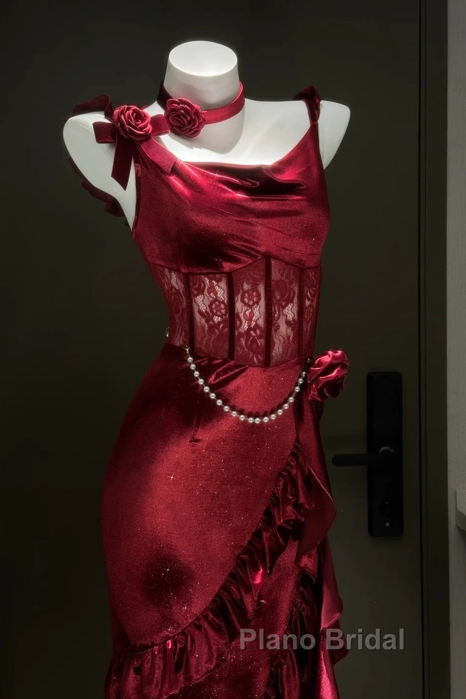 Retro Mermaid Spaghetti Straps Burgundy Lace Formal Prom Dresses Birthday Outfits Secondary image