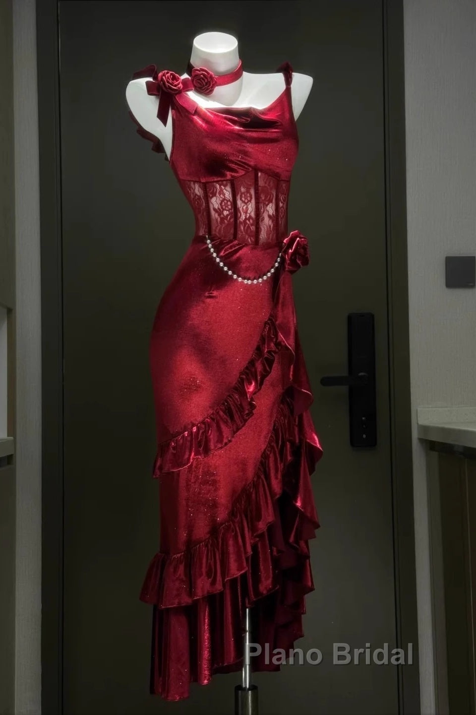 Retro Mermaid Spaghetti Straps Burgundy Lace Formal Prom Dresses Birthday Outfits