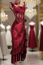 Retro Mermaid Spaghetti Straps Burgundy Lace Formal Prom Dresses Birthday Outfits